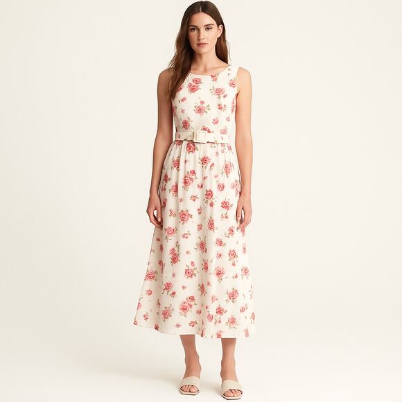 Laura Ashley Vintage 90s Floral Rose Belted Maxi Dress White Pink Cottage  Size 8